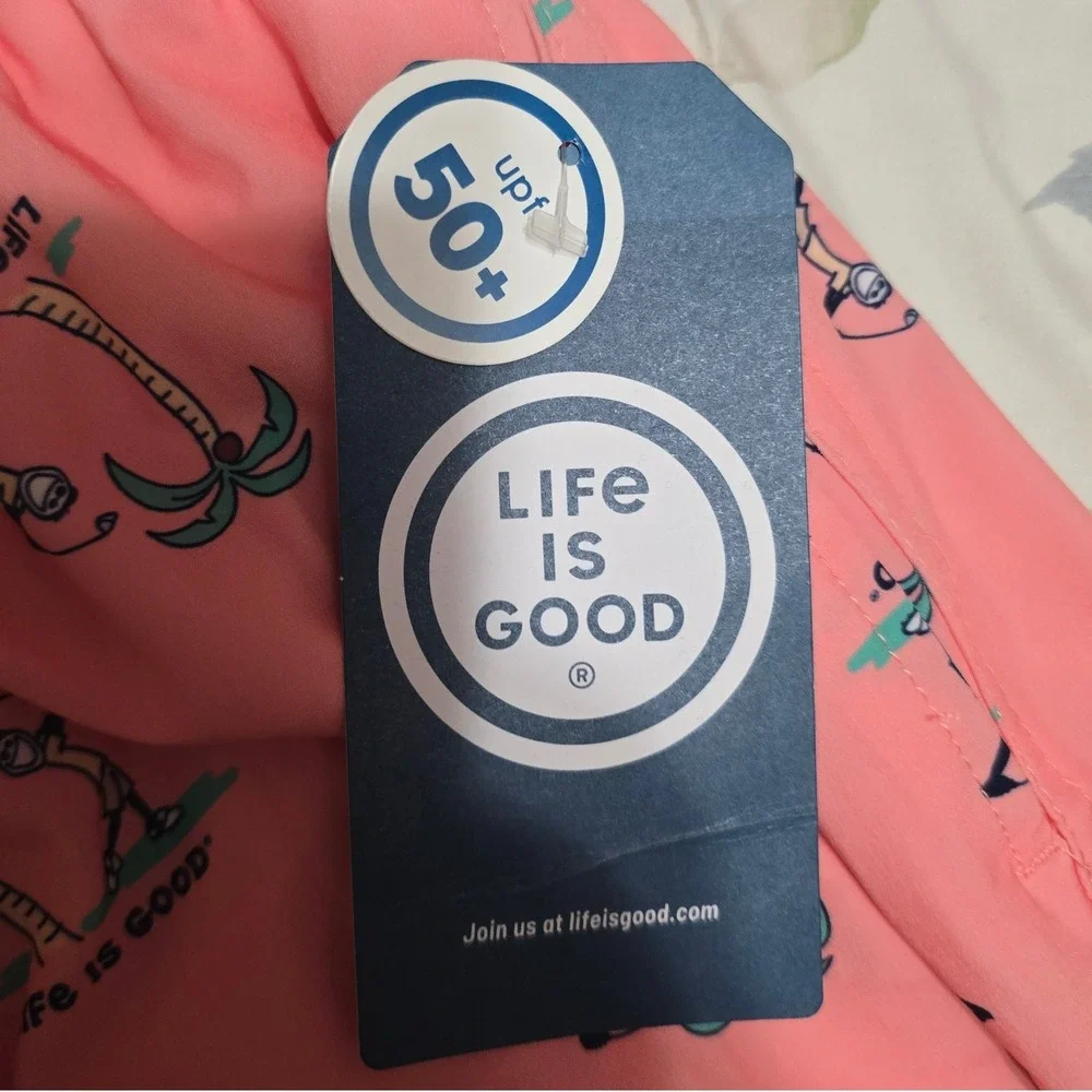 Life‎ is Good Mens Swim Trunks XL Pink Golfing Palm Tree Board Shorts UPF 50+